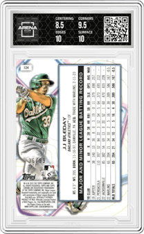  JJ Bleday  from the 2023 Topps Cosmic Chrome set featuring a Blue Moon Refractor parallel graded by Arena Club and given an overall grade of 9.