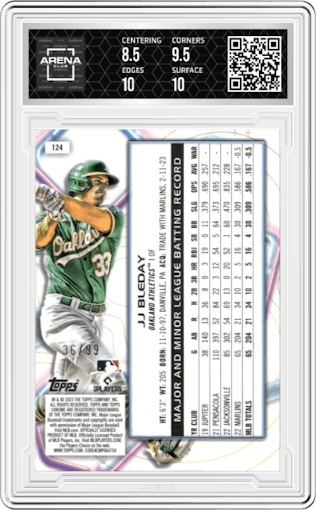  JJ Bleday  from the 2023 Topps Cosmic Chrome set featuring a Blue Moon Refractor parallel graded by Arena Club and given an overall grade of 9.