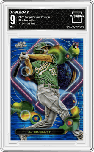  JJ Bleday  from the 2023 Topps Cosmic Chrome set featuring a Blue Moon Refractor parallel graded by Arena Club and given an overall grade of 9.