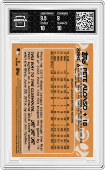 Pete Alonso from the 2023 Topps Chrome set graded by Arena Club and given an overall grade of 9.5.