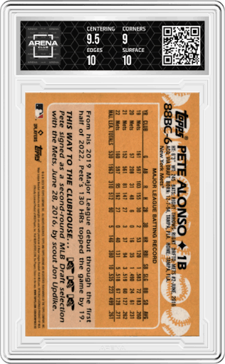 Pete Alonso from the 2023 Topps Chrome set graded by Arena Club and given an overall grade of 9.5.