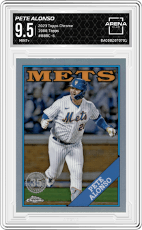 Pete Alonso from the 2023 Topps Chrome set graded by Arena Club and given an overall grade of 9.5.