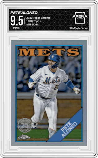 Pete Alonso from the 2023 Topps Chrome set graded by Arena Club and given an overall grade of 9.5.