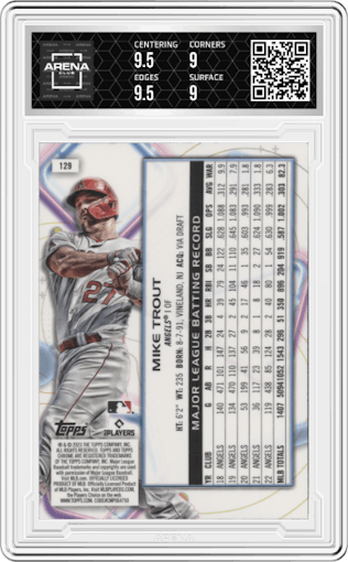Mike Trout from the 2023 Topps Cosmic Chrome set graded by Arena Club and given an overall grade of 9.5.