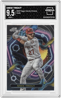 Mike Trout from the 2023 Topps Cosmic Chrome set graded by Arena Club and given an overall grade of 9.5.