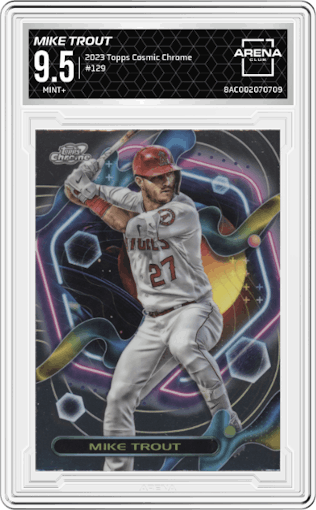 Mike Trout from the 2023 Topps Cosmic Chrome set graded by Arena Club and given an overall grade of 9.5.