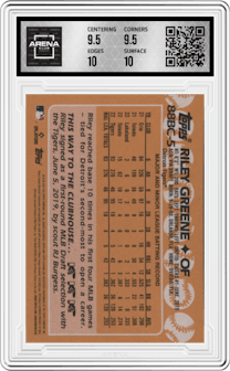 Riley Greene from the 2023 Topps Chrome set graded by Arena Club and given an overall grade of 10.