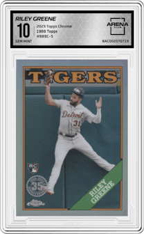 Riley Greene from the 2023 Topps Chrome set graded by Arena Club and given an overall grade of 10.