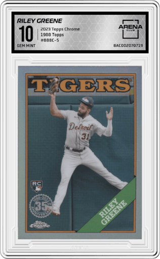 Riley Greene from the 2023 Topps Chrome set graded by Arena Club and given an overall grade of 10.