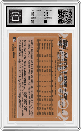 Aaron Judge from the 2023 Topps Chrome set graded by Arena Club and given an overall grade of 10.