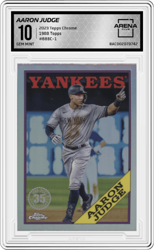 Aaron Judge from the 2023 Topps Chrome set graded by Arena Club and given an overall grade of 10.