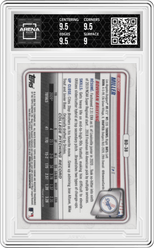 Bobby Miller from the 2020 Bowman Draft set graded by Arena Club and given an overall grade of 9.5.