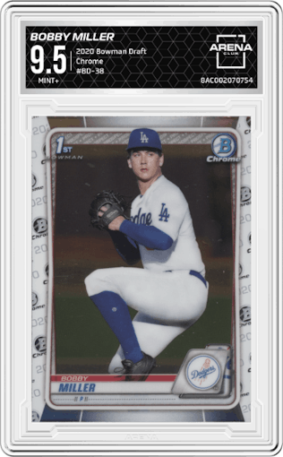 Bobby Miller from the 2020 Bowman Draft set graded by Arena Club and given an overall grade of 9.5.