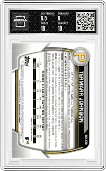 Termarr Johnson from the 2023 Bowman Chrome set featuring a Shimmer Refractor parallel graded by Arena Club and given an overall grade of 9.5.