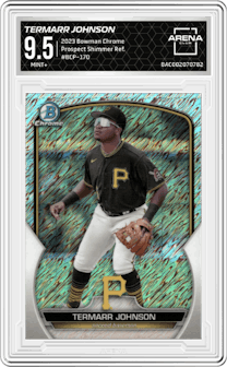 Termarr Johnson from the 2023 Bowman Chrome set featuring a Shimmer Refractor parallel graded by Arena Club and given an overall grade of 9.5.