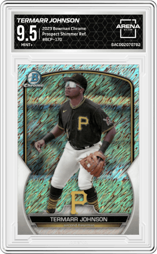 Termarr Johnson from the 2023 Bowman Chrome set featuring a Shimmer Refractor parallel graded by Arena Club and given an overall grade of 9.5.