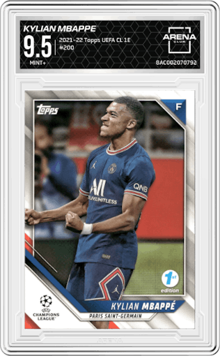 Kylian Mbappe from the 2021-22 Topps UEFA Champions League 1st Edition set graded by Arena Club and given an overall grade of 9.5.