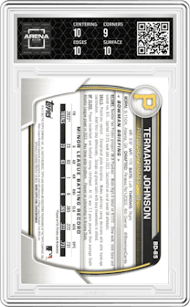 Termarr Johnson from the 2023 Bowman Draft set featuring a Sky Blue parallel graded by Arena Club and given an overall grade of 9.5.