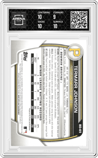 Termarr Johnson from the 2023 Bowman Draft set featuring a Sky Blue parallel graded by Arena Club and given an overall grade of 9.5.