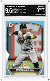 Termarr Johnson from the 2023 Bowman Draft set featuring a Sky Blue parallel graded by Arena Club and given an overall grade of 9.5.