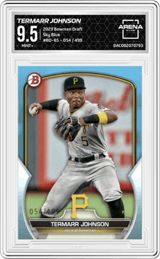 Termarr Johnson from the 2023 Bowman Draft set featuring a Sky Blue parallel graded by Arena Club and given an overall grade of 9.5.