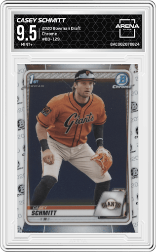 Casey Schmitt from the 2020 Bowman Draft set graded by Arena Club and given an overall grade of 9.5.