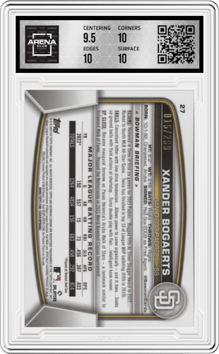 Xander Bogaerts from the 2023 Bowman Chrome set featuring a Fuchsia Refractor parallel graded by Arena Club and given an overall grade of 10.