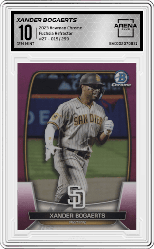 Xander Bogaerts from the 2023 Bowman Chrome set featuring a Fuchsia Refractor parallel graded by Arena Club and given an overall grade of 10.