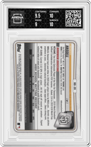 Robert Hassell from the 2020 Bowman Draft set graded by Arena Club and given an overall grade of 9.5.