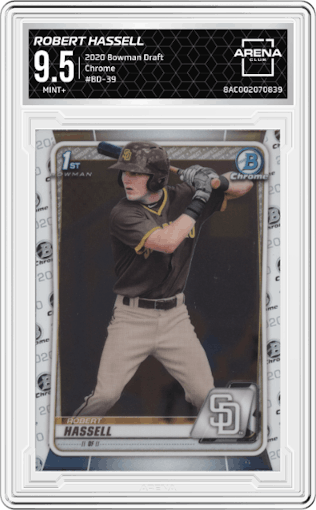 Robert Hassell from the 2020 Bowman Draft set graded by Arena Club and given an overall grade of 9.5.