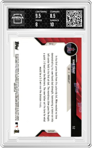 Mike Trout from the  2020 Topps Now  set graded by Arena Club and given an overall grade of 8.5.