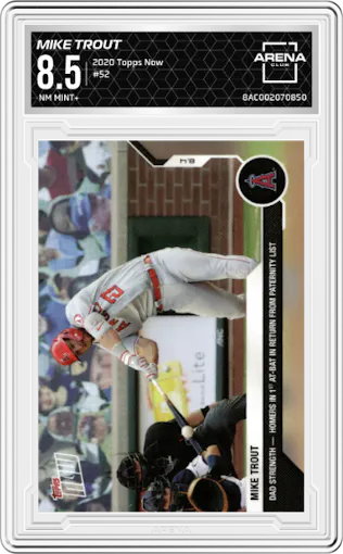 Mike Trout from the  2020 Topps Now  set graded by Arena Club and given an overall grade of 8.5.