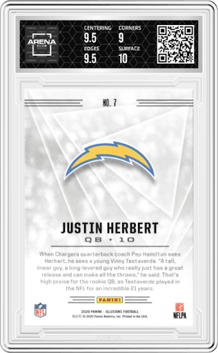 Justin Herbert from the 2020 Panini Illusions set graded by Arena Club and given an overall grade of 9.5.
