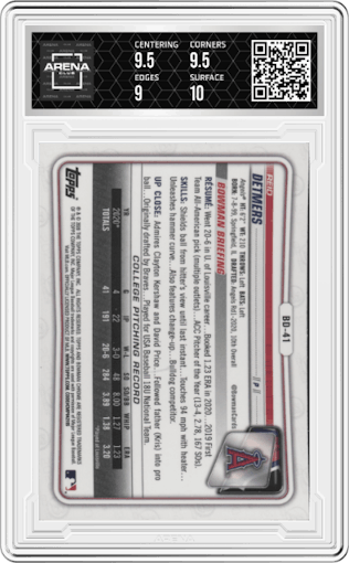 Reid Detmers from the 2020 Bowman Draft set graded by Arena Club and given an overall grade of 9.5.