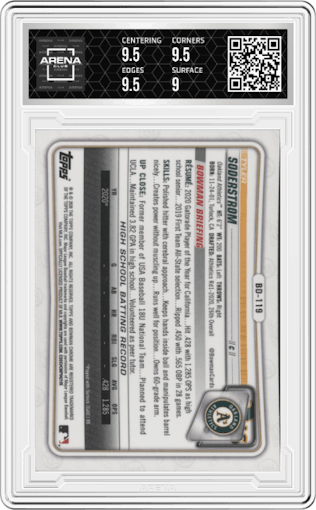 Tyler Soderstrom from the 2020 Bowman Draft set graded by Arena Club and given an overall grade of 9.5.