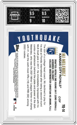MJ Melendez from the 2023 Topps Chrome set graded by Arena Club and given an overall grade of 9.5.
