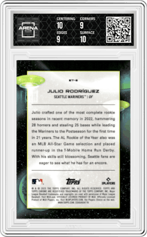 Julio Rodríguez from the 2023 Topps Cosmic Chrome set graded by Arena Club and given an overall grade of 9.5.
