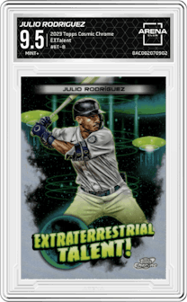 Julio Rodríguez from the 2023 Topps Cosmic Chrome set graded by Arena Club and given an overall grade of 9.5.