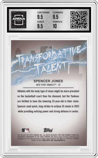 Spencer Jones from the 2023 Bowman Draft set graded by Arena Club and given an overall grade of 10.