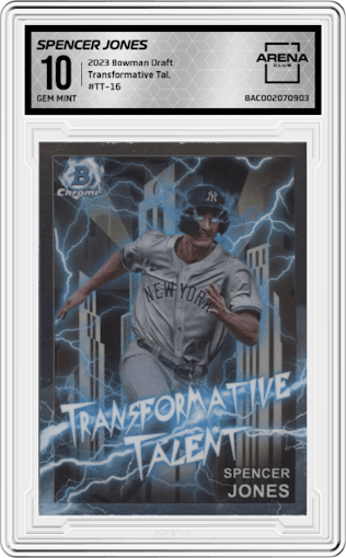 Spencer Jones from the 2023 Bowman Draft set graded by Arena Club and given an overall grade of 10.