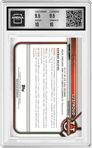 CJ Stroud from the 2021-22 Bowman University set graded by Arena Club and given an overall grade of 10.