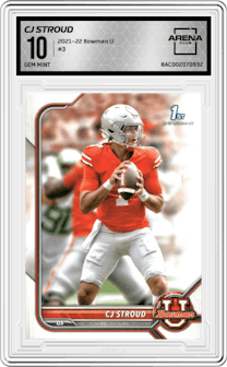 CJ Stroud from the 2021-22 Bowman University set graded by Arena Club and given an overall grade of 10.