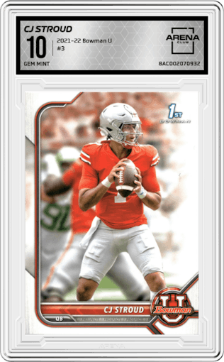 CJ Stroud from the 2021-22 Bowman University set graded by Arena Club and given an overall grade of 10.