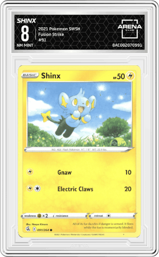 Shinx from the 2021 Pokemon SWSH set graded by Arena Club and given an overall grade of 8.
