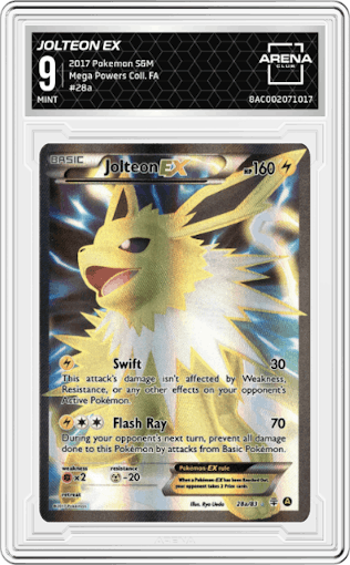 Jolteon EX from the 2017 Pokemon S&M set graded by Arena Club and given an overall grade of 9.