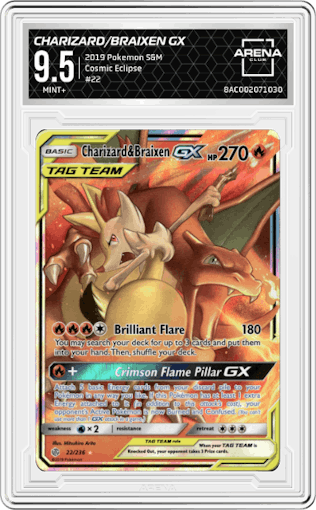 Charizard/Braixen GX from the 2019 Pokemon S&M  set graded by Arena Club and given an overall grade of 9.5.