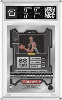 Victor Wembanyama from the 2023-24 Panini Prizm Monopoly set graded by Arena Club and given an overall grade of 9.5.