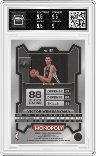 Victor Wembanyama from the 2023-24 Panini Prizm Monopoly set graded by Arena Club and given an overall grade of 9.5.