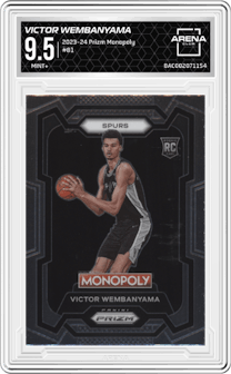 Victor Wembanyama from the 2023-24 Panini Prizm Monopoly set graded by Arena Club and given an overall grade of 9.5.
