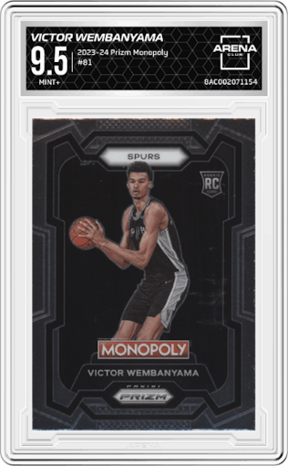 Victor Wembanyama from the 2023-24 Panini Prizm Monopoly set graded by Arena Club and given an overall grade of 9.5.